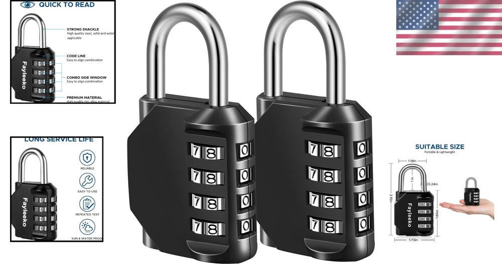 Resettable Combination Padlock, 4 Digit - 2 Pack for Gym Lockers & More