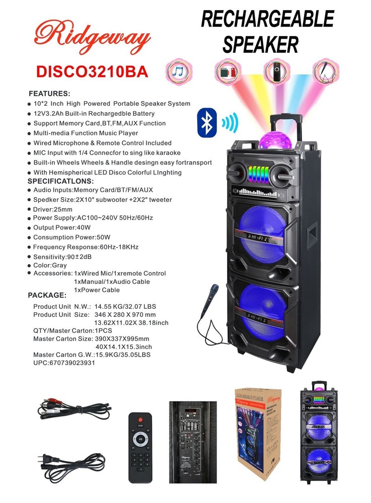 Dual 10" Portable Bluetooth Speaker Rechargeable System HIFI DISCO LED AUX