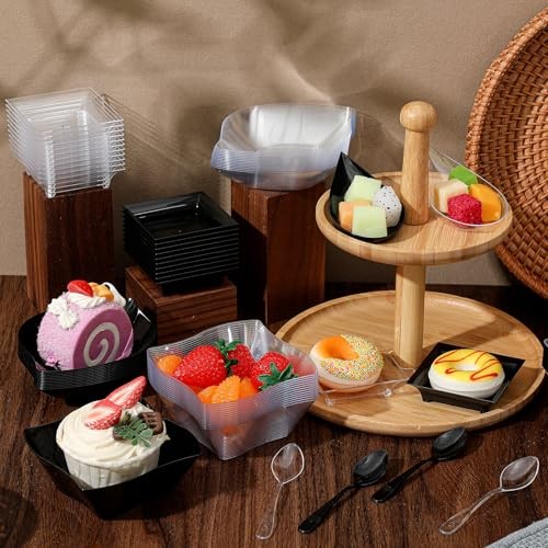 200 Pcs Mini Appetizer Plates with Spoons Forks Black, Clear Classic