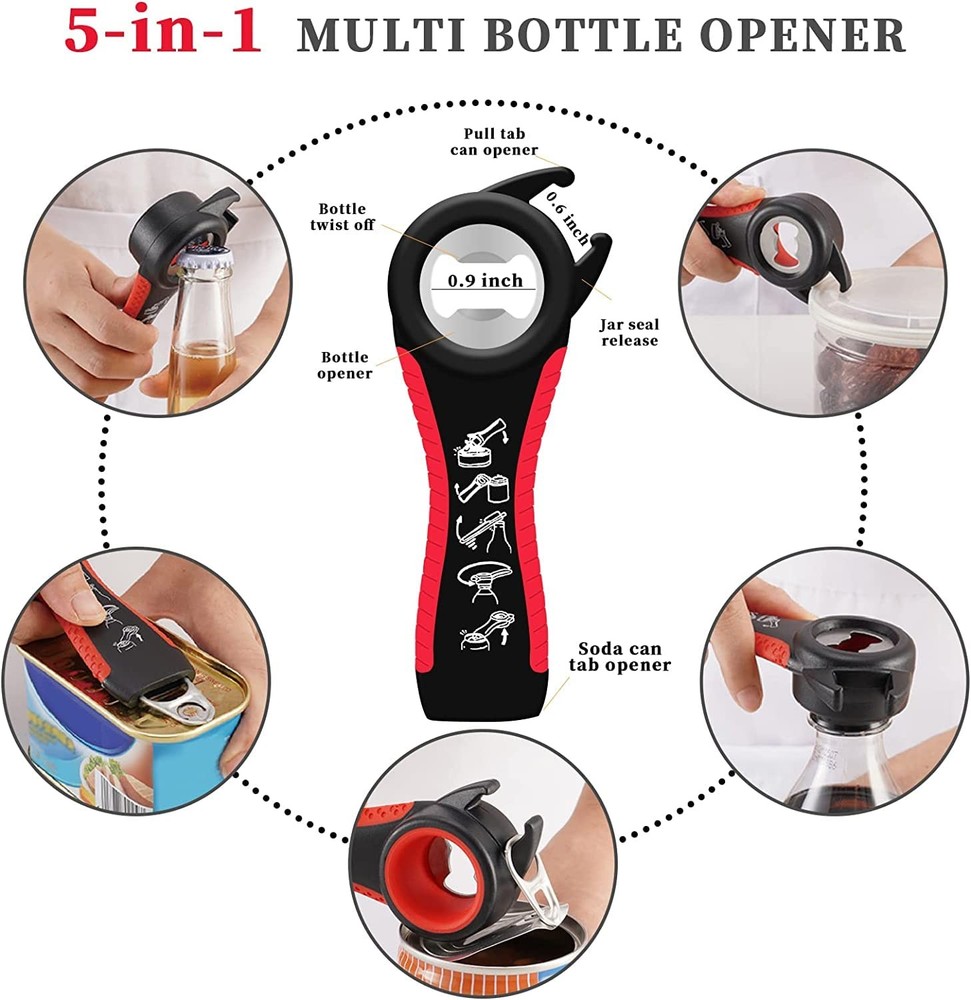 Jar Opener Bottle for Weak Hands, 5 in 1 Multi Function Can RedGrey