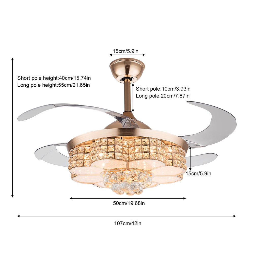 6-Speed Dimmable Golden Fan Ceiling LED Light Chandelier Lamp w/Remote Control