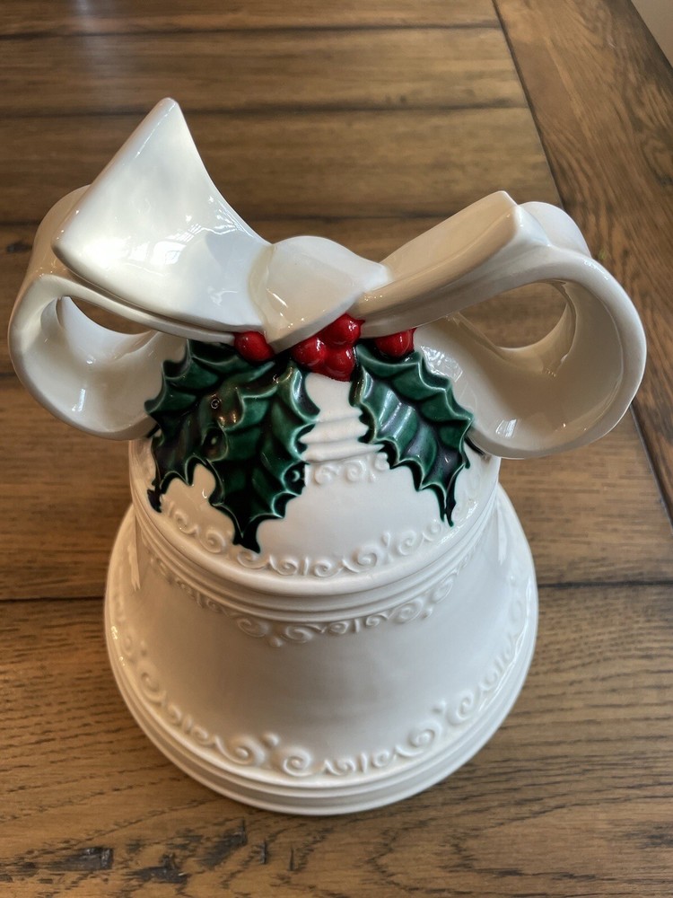 Christmas Bell Cookie Jar With Bow 8” Tall Ceramic
