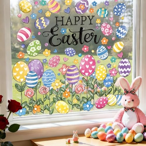 6 Sheets Large Easter Window Clings Happy Easter Eggs Window Eggs with Flower