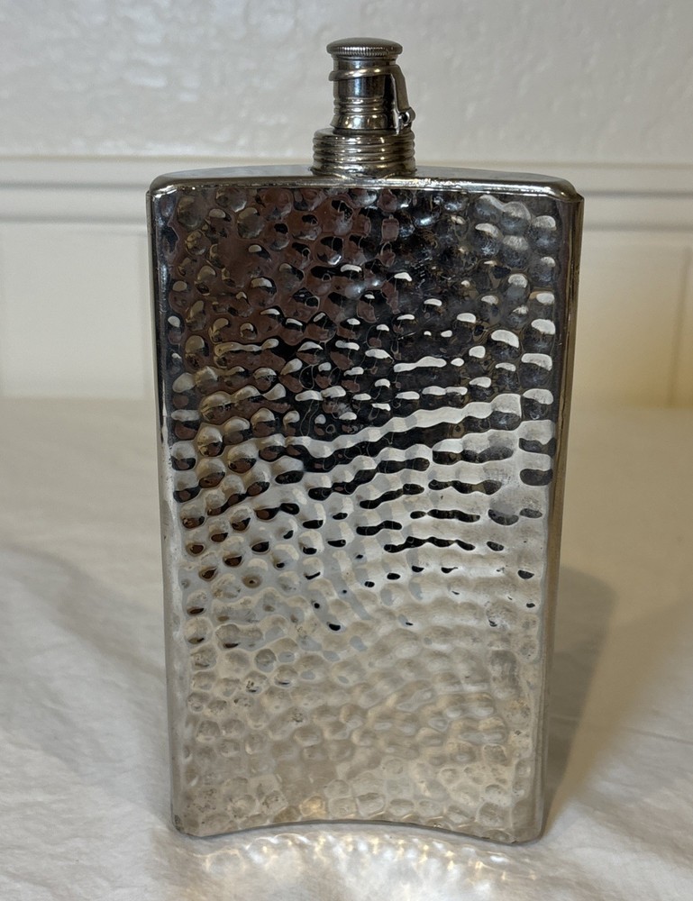 AHS Germany Hammered Metal 12 oz Tin-Lined Flask w/ BLANK Engraving Plate