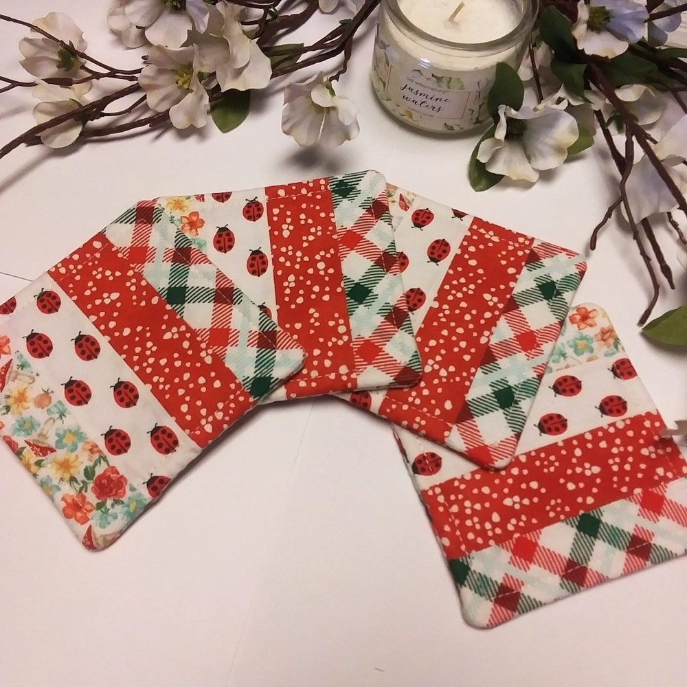 LADYBUG PICNIC 5pc Handmade Reversible Patchwork Coasters w/Holder & Button