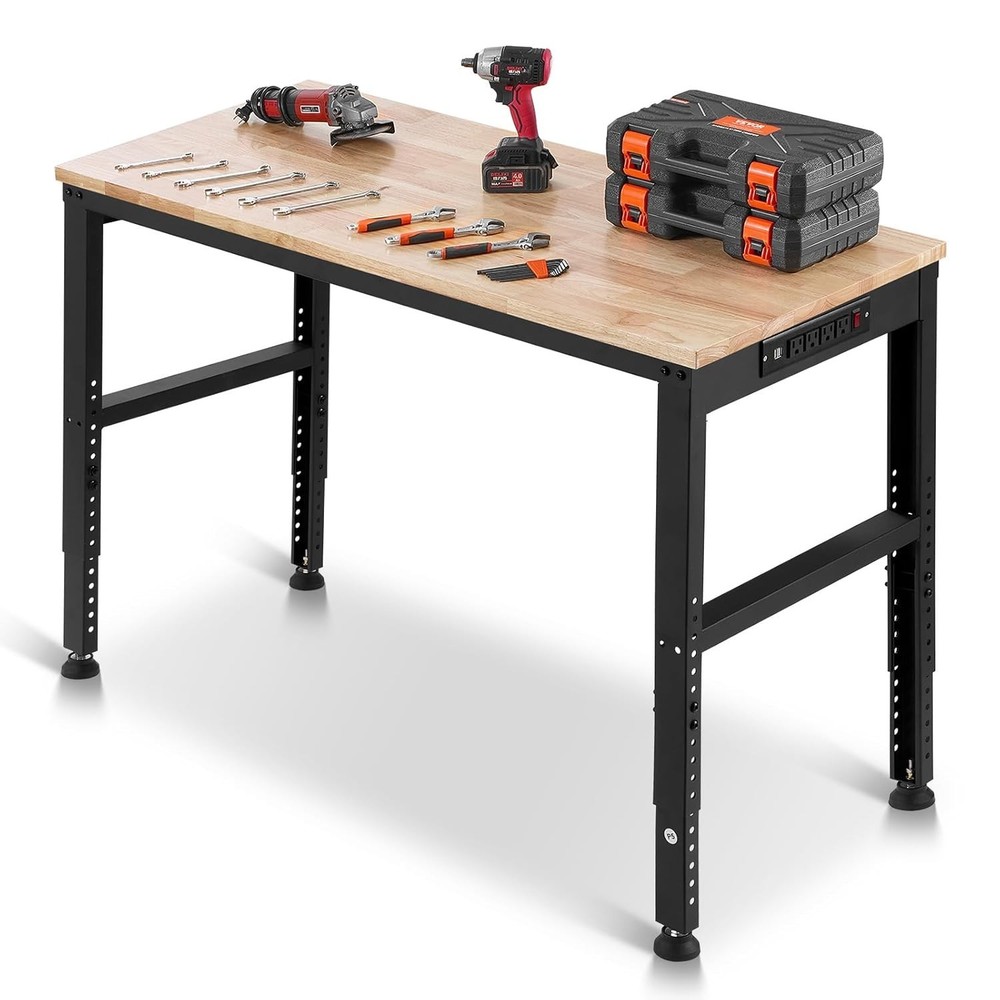 Durable 2000 lbs Capacity Adjustable Workbench - 48x20 Inch with Power Solutions