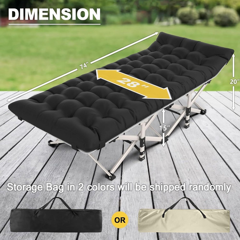 Black folding camp bed with mattress, 800 lb. maximum load capacity
