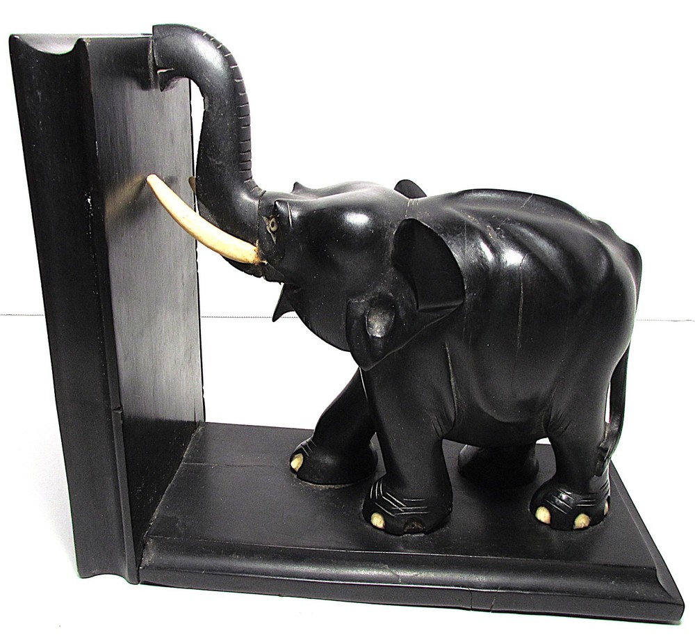 VINTAGE CARVED EBONY ELEPHANT BOOKENDS 7X8X4"