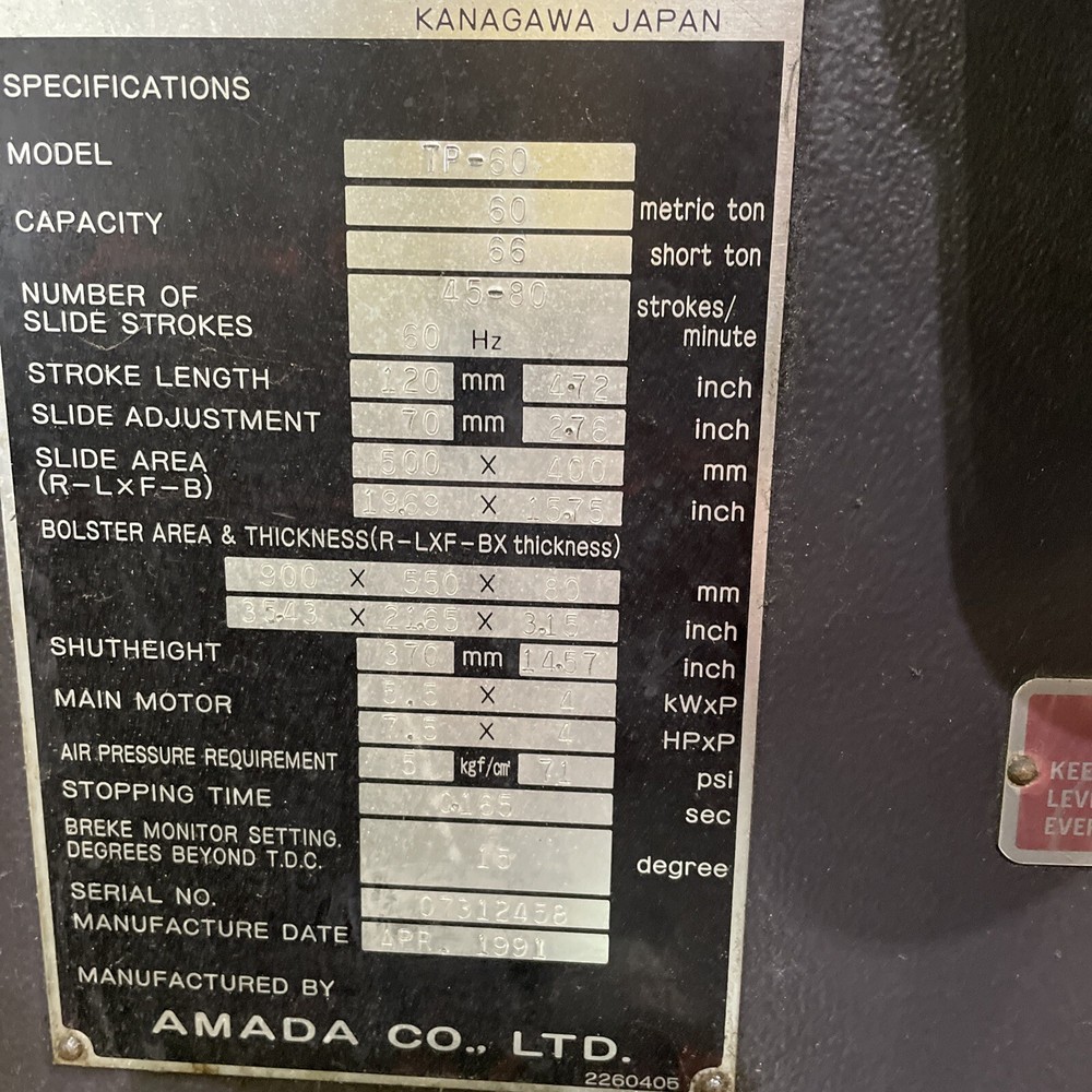 60 Ton Amada Gap Frame Press Model: TP-60
