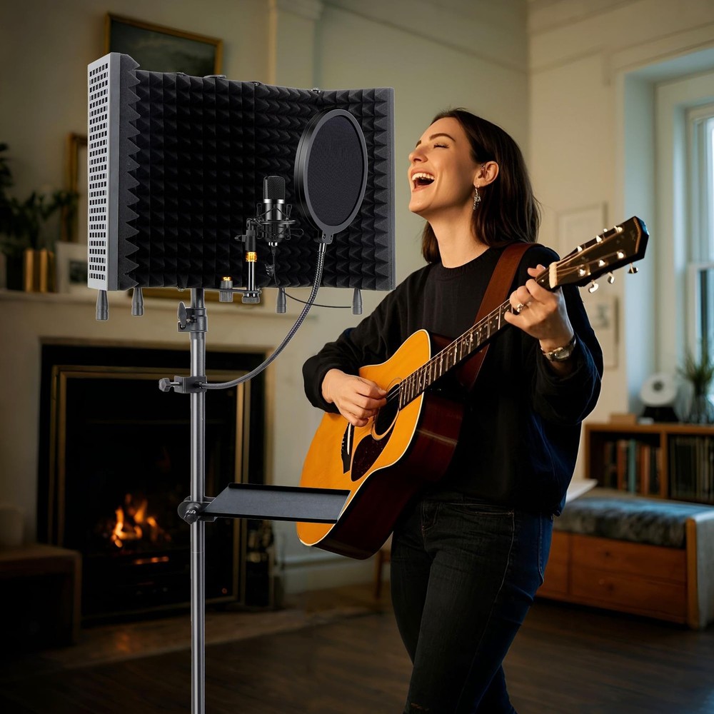 5-Sided Isolation Shield Microphone Stand, Studio-Grade Soundproof Booth with...