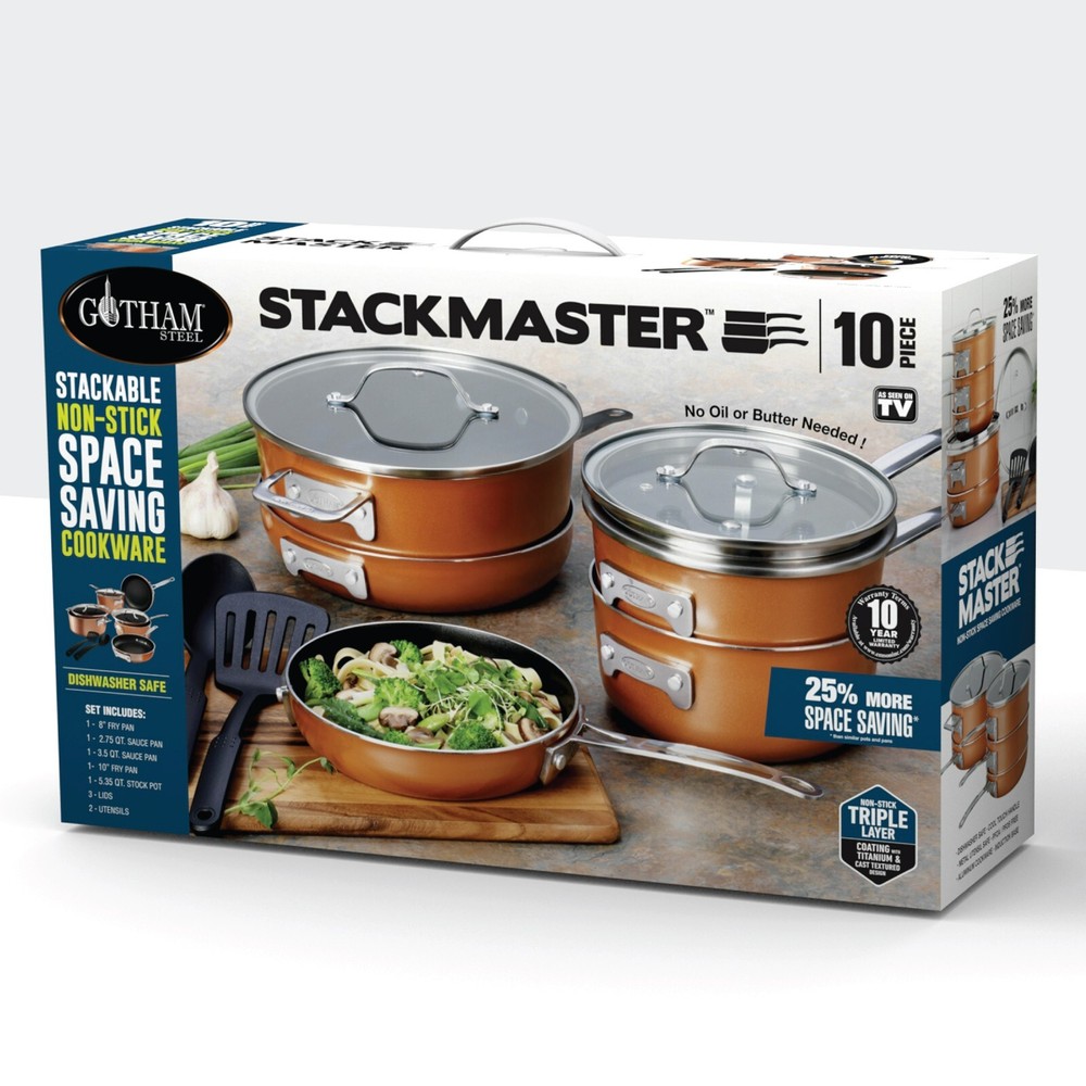 Gotham Steel Stackmaster Copper Cast Textured Complete 10 Piece Set w/ Utensils