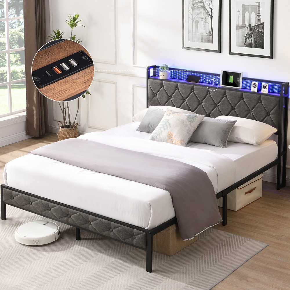 Full/Queen/King Bed Frame with Storage Headboard, Charging Station LED Lights,