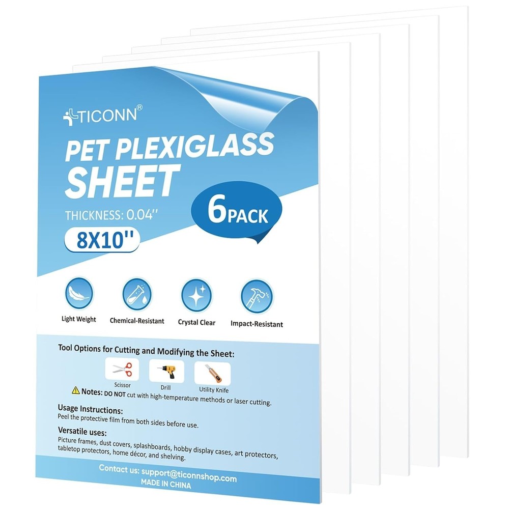6PK 8 X 10 PET Plexiglass Sheets, Clear Plastic Sheet, Easy to Cut Thin Flexib
