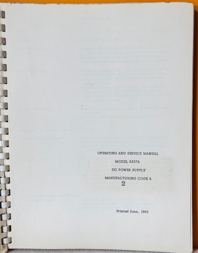 HP Model 6207A Regulated Power Supply Operating & Service Manual.
