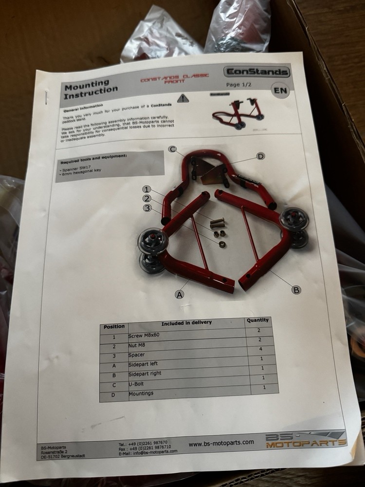 Motorcycle paddock stand ConStands Classic Front red Fork Lift