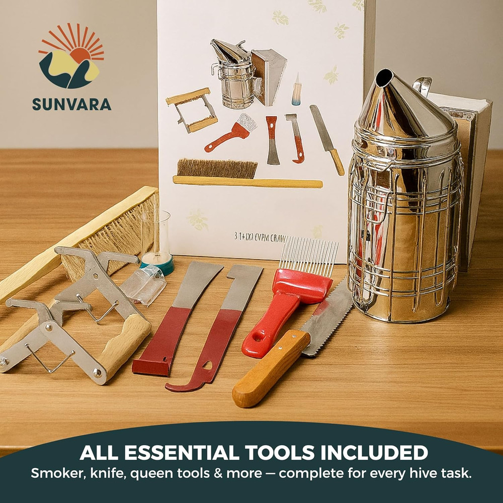9Pc Beekeeping Starter Kit Hive Tools Smoker Queen Cage Honey Tools