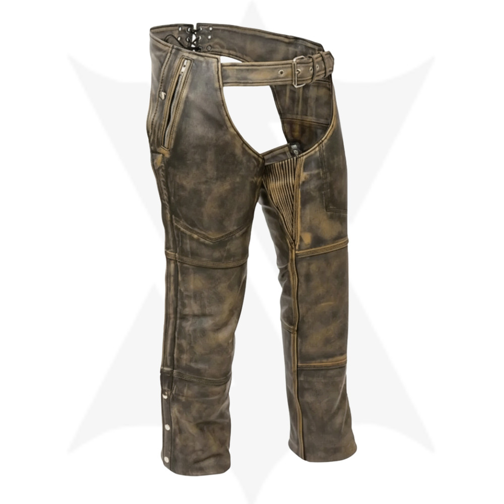 Distressed Black Men Motorcycle Chaps Real Cowhide Riding Pants