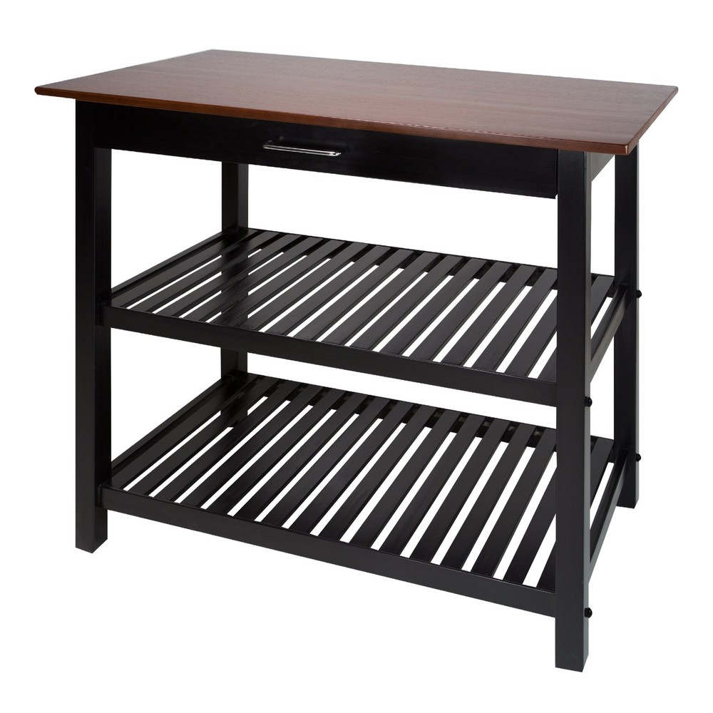 Kitchen Island with Solid Hardwood Top, Walnut&black