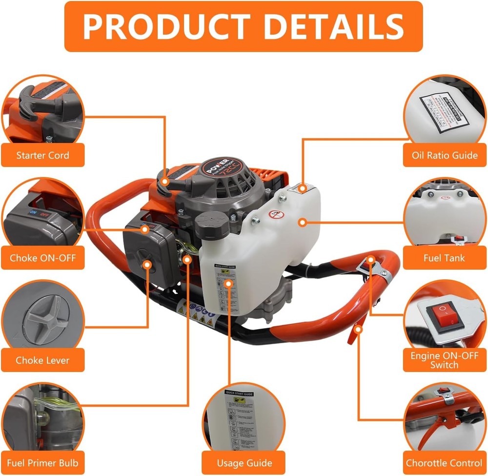 72CC Auger Post Hole Digger, 2 Stroke Gas Powered Earth Post Hole Digger
