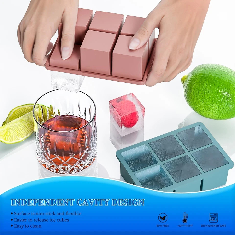Large Ice Cube Tray for Whiskey 3 Pack, Big Silicone Square Ice Cube Mold wit...