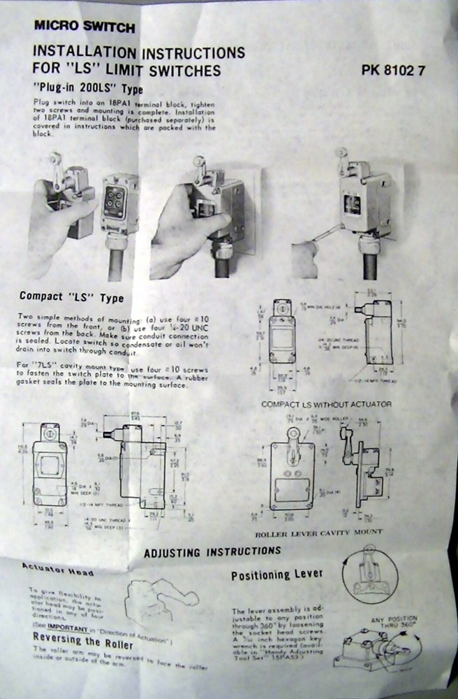 MICRO SWITCH limit switch side rotary w/roller lever 201LS19 plug in model
