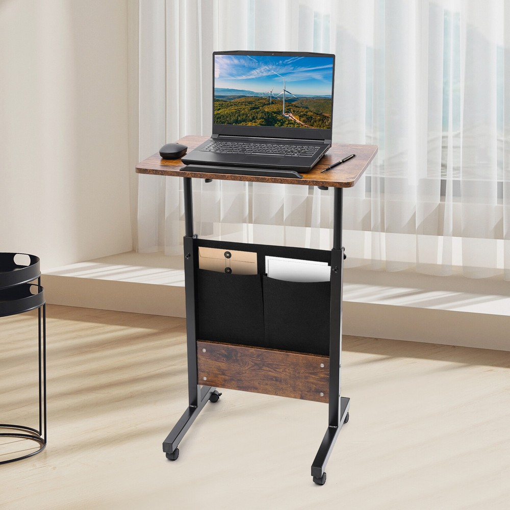 Rolling Laptop Desk Adjustable Height Computer Table Stand up Office w/ Storage