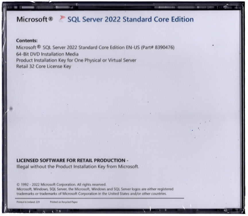 Microsoft SQL Server 2022 Standard w 32 Core License, Unl CALs. Authentic, New