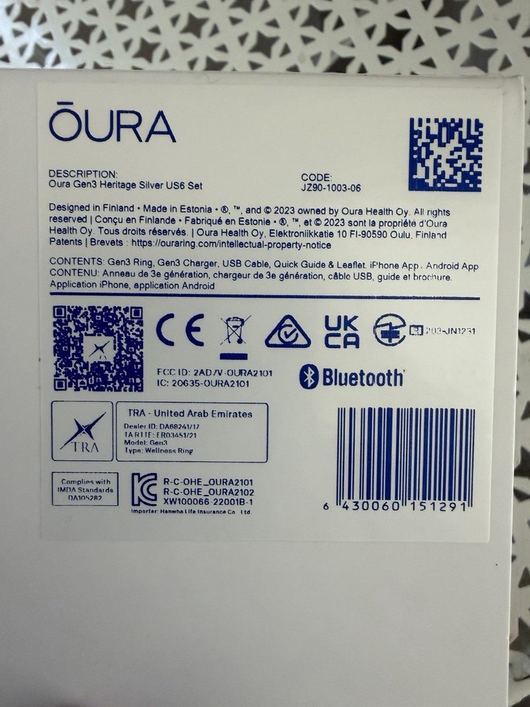 Oura Ring Gen3 Heritage Silver Size 6 w/ Charging Base & Box