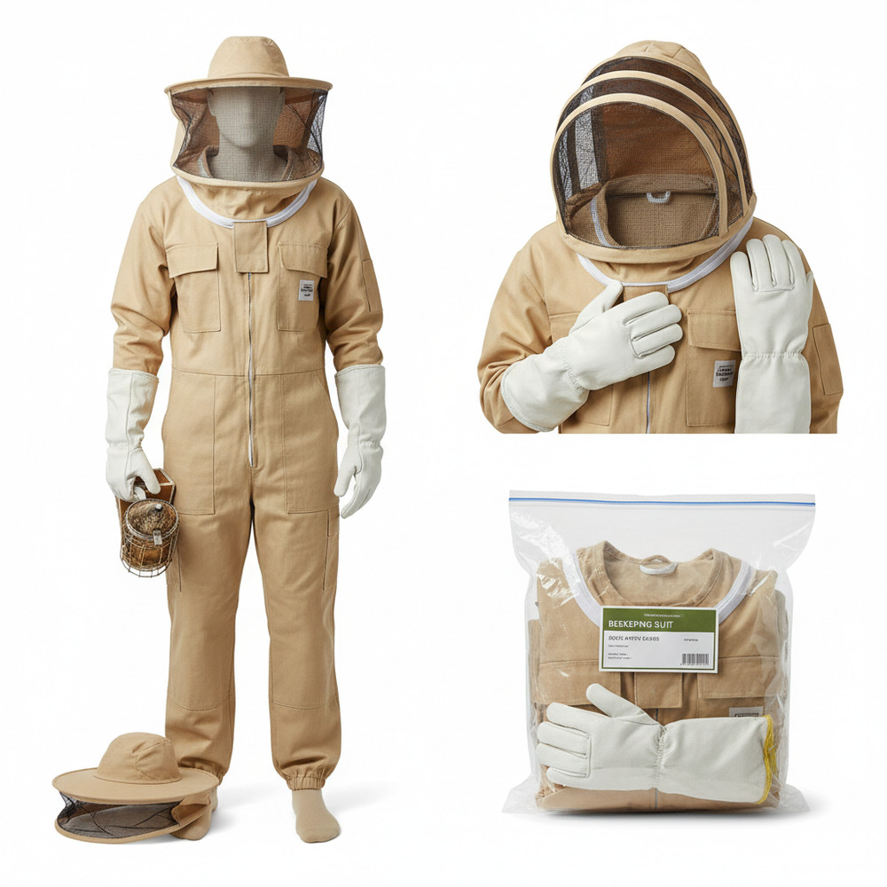 Premium Single-Layer Brown Beekeeping Suit with Protective White Gloves