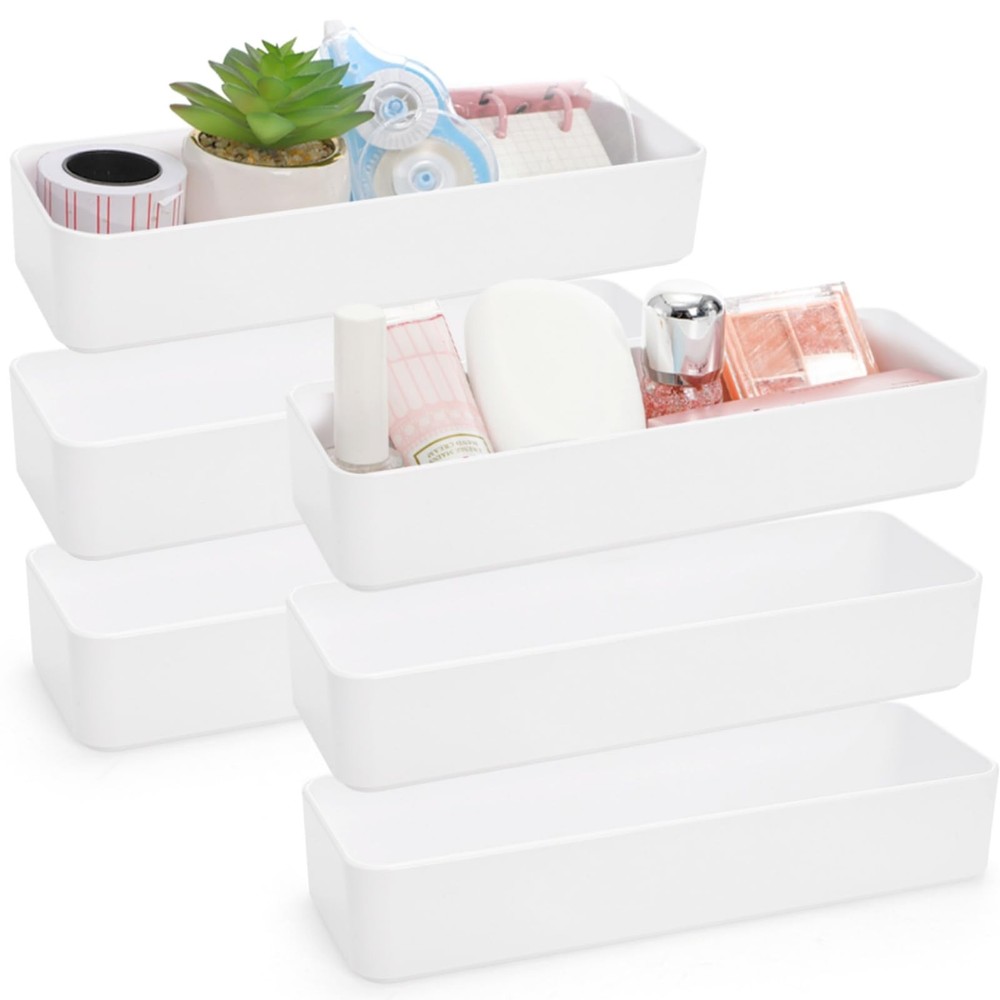 6 Pack Plastic Drawer Organizer, 10'' x 3.3'' x 1.8'' White Stackable Vanity ...