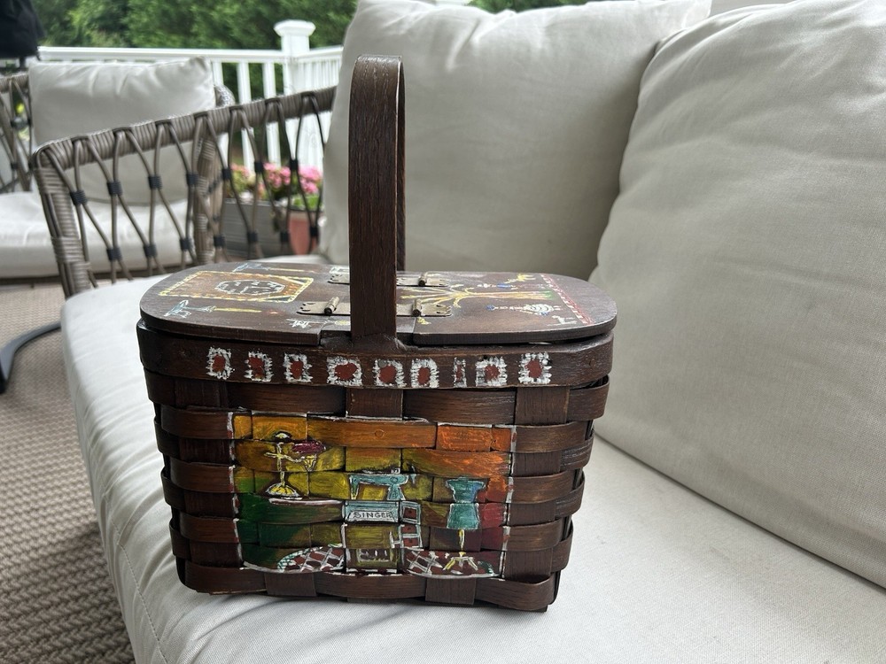 Vintage Folk Art Painted Sewing Basket