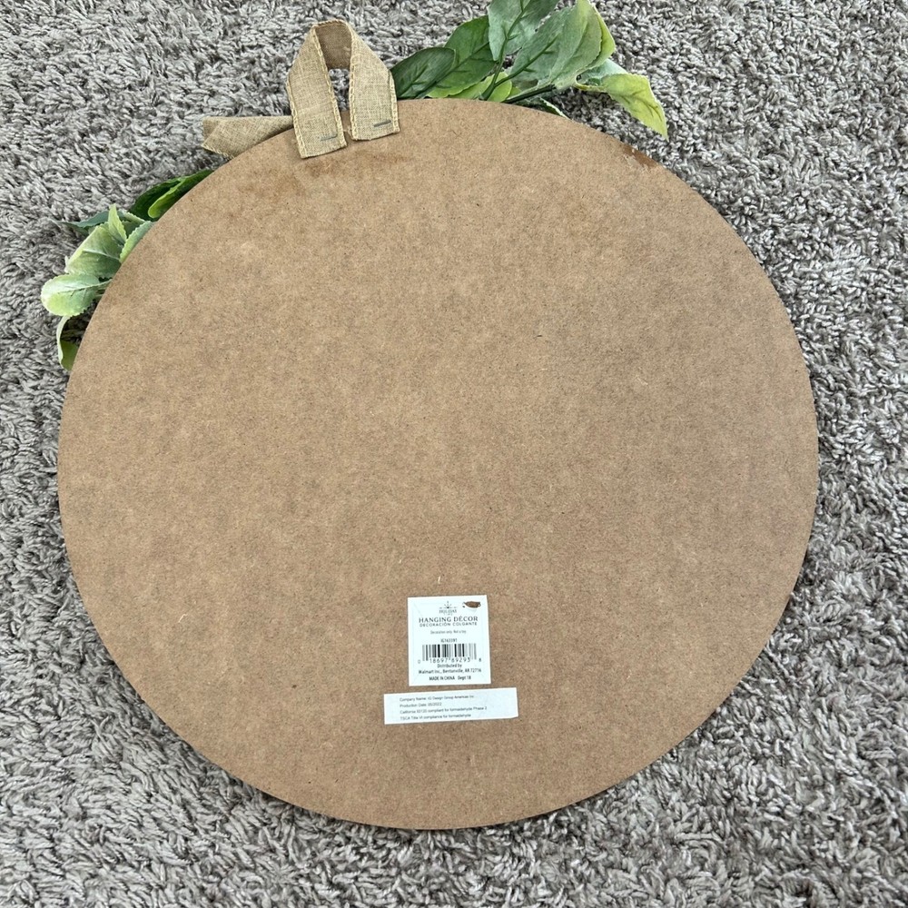 Round Wood Wall Hanging Decor White Gold Joy Script Rustic Burlap Bow Eucalyptus