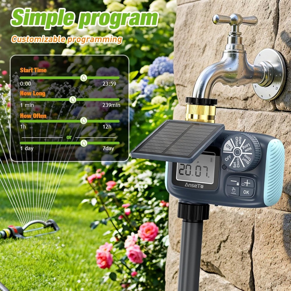 Solar Sprinkler Timer Rechargeable Water Timer Garden Hose, Programmable Faucets