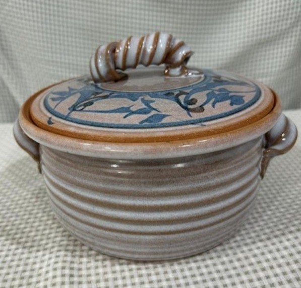 Studio Art Pottery Signed 8” Diameter Crock With Lid Curly Handle