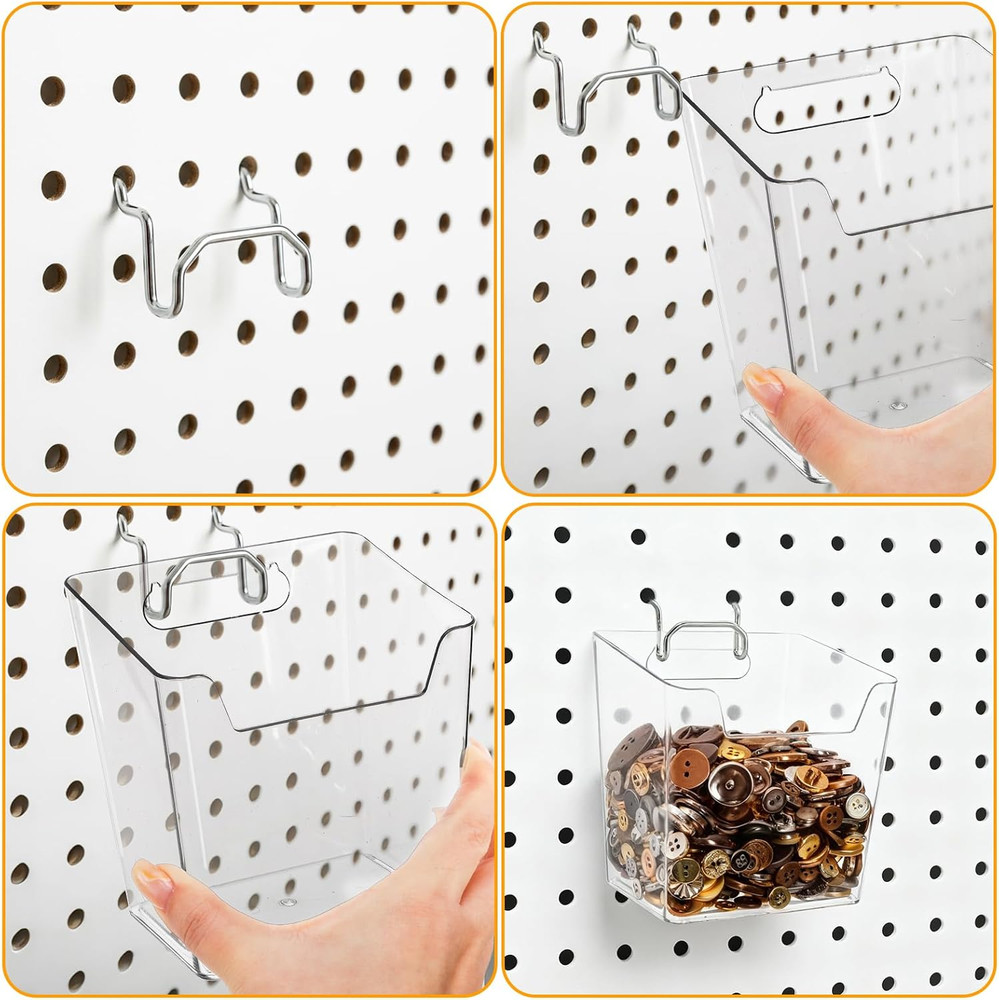 6 Pack Clear Pegboard Cups with Hooks Plastic Peg Board Bins Pegboard Organizer