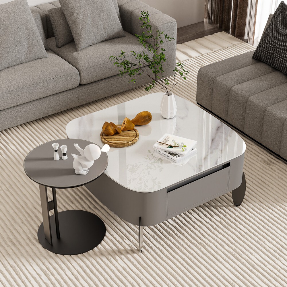 32'' Diameter Modern Coffee Table Luxury Stone Top Saddle Leather Center Table