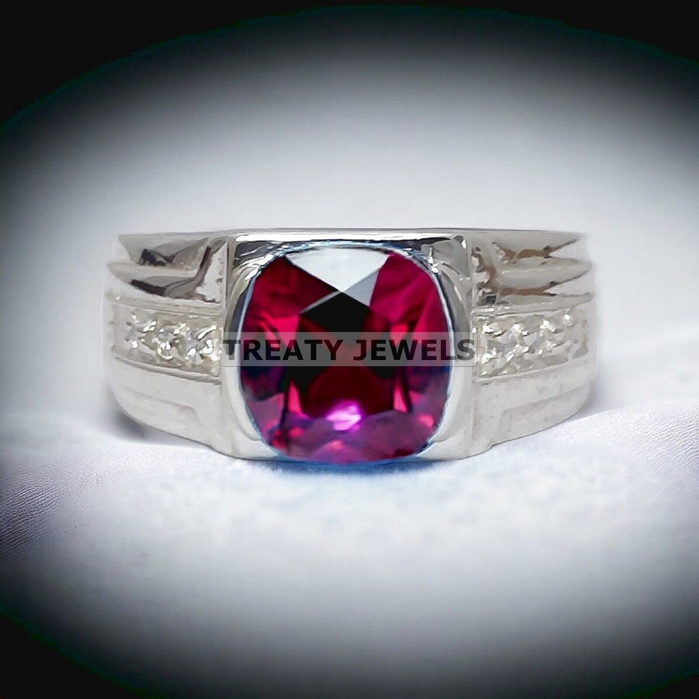 Ruby Cushion Cut Gemstone With 14K Solid White Gold Ring For Men's #974