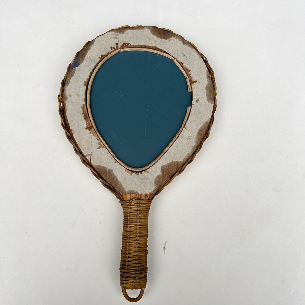 Wicker Hand Woven Boho Handheld Hanging Loop Vanity/Bathroom Mirror Vintage 1970