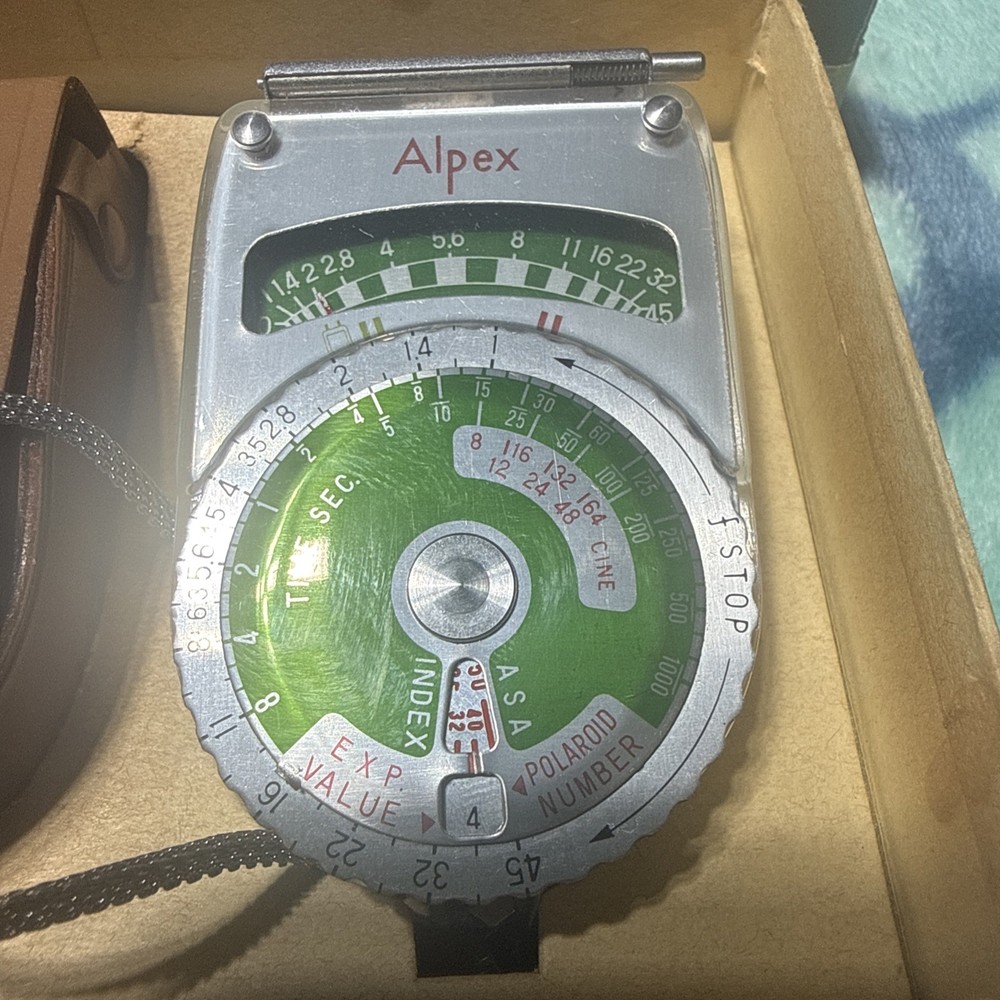 Vintage Alpex Hand Held Exposure light Meter In Box With Paperwork