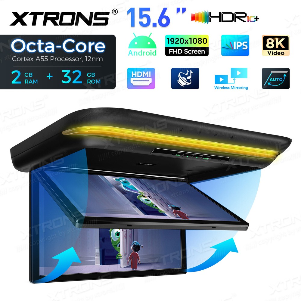 Android 15.6" Screen Car TV Overhead Player Octa Core Auto Flip Down HDMI WiFi
