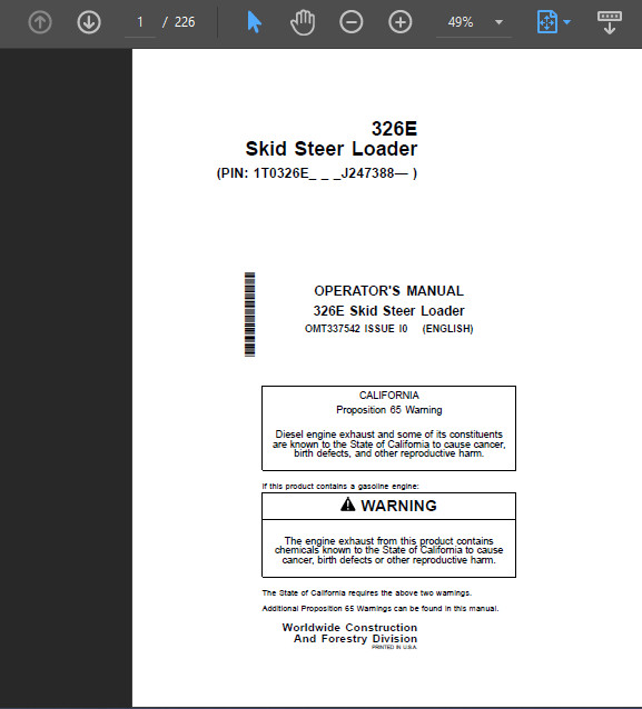 JOHN DEERE 326E SKID STEER LOADER OPERATORS OWNERS MANUAL PDF USB