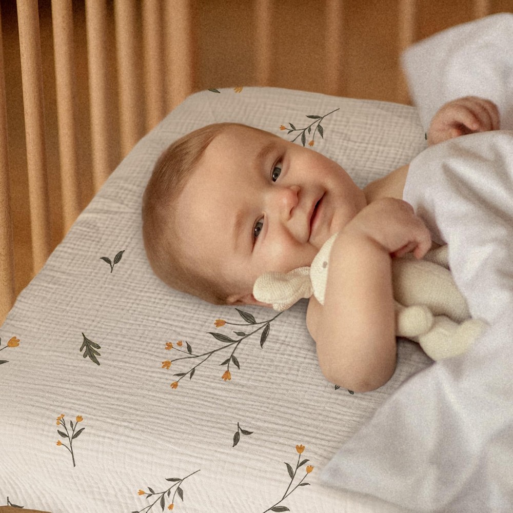 Muslin Mini Crib Sheets 3 Pack, Breathable Pack and Play Sheets Fitted Soft C...