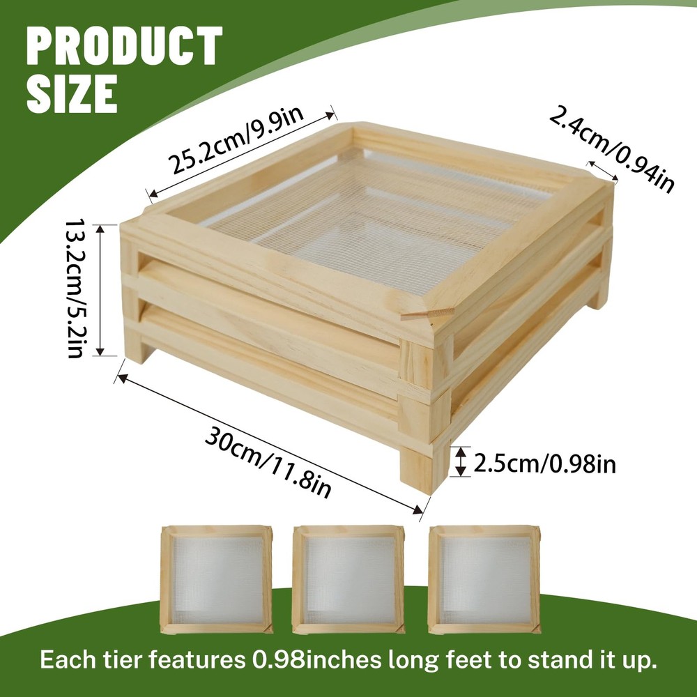 11.8 Inch Square Wooden Desktop Herb Drying Rack Mesh NoDrill Stackable