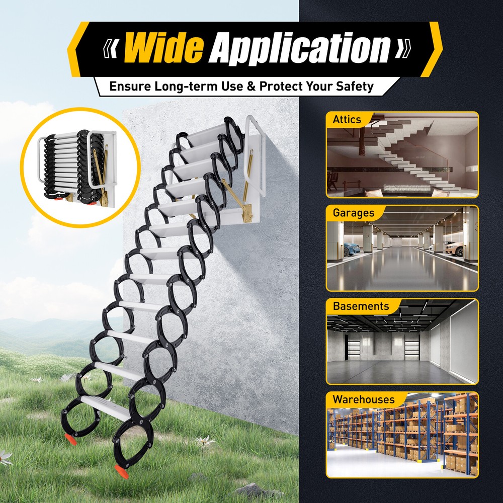 Wall Mounted Folding Ladder Loft Stairs White Attic Steps Pull Down 12 Steps