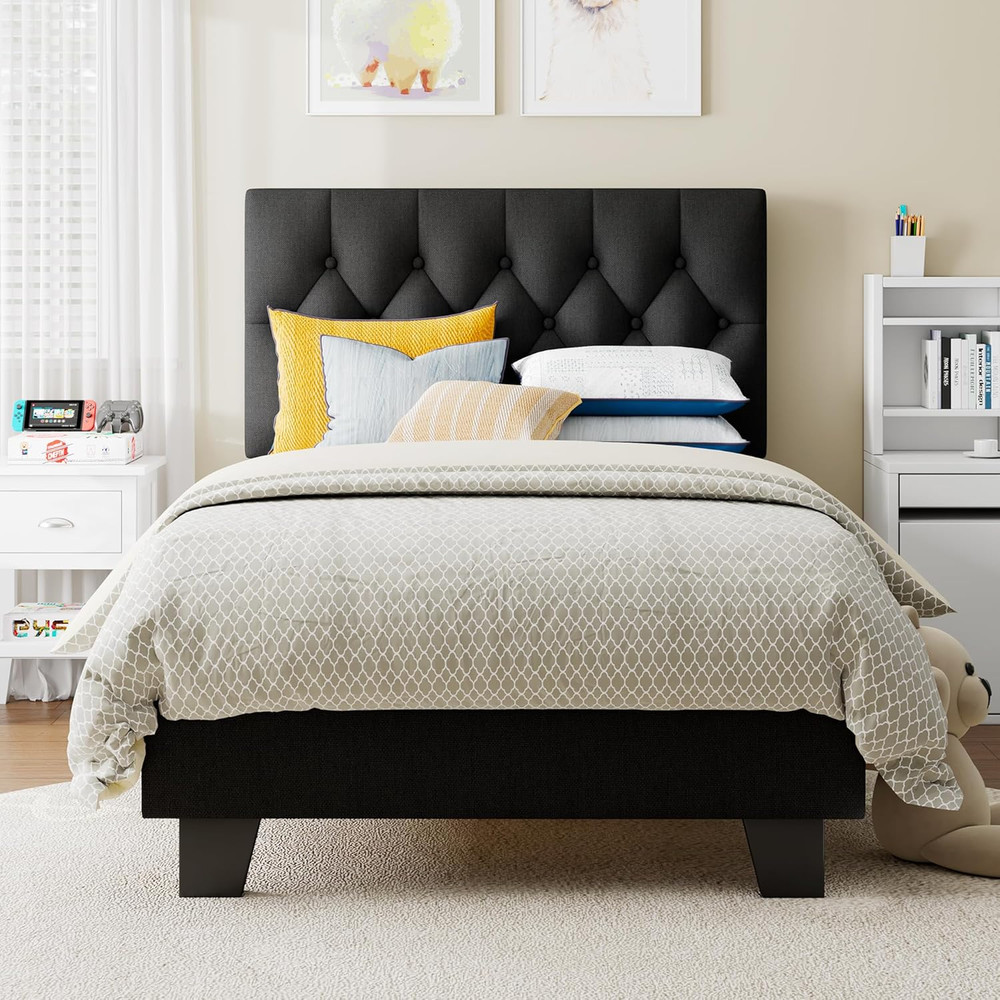 Einhomn Twin Upholstered Bed Frame with Headboard, Button Tufted Linen Bed Base,