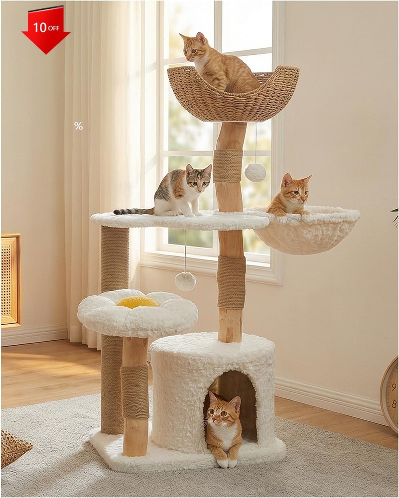 NEW,48.5'' Modern Cat Tree for Large, Cozy Hammock, Scratching Post, White！