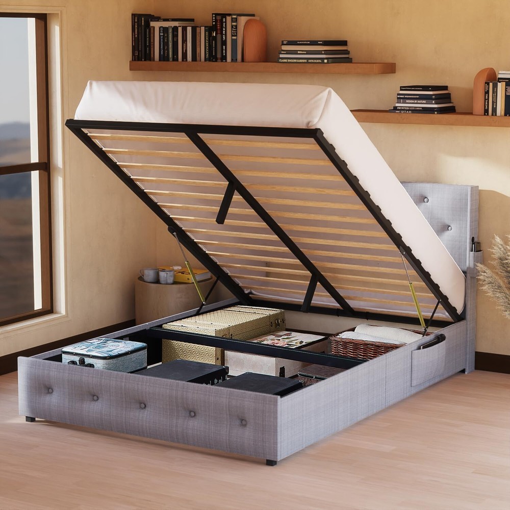 Full Size Bed Frame Upholstered Platform Bed Frame with Headboard and USB Port