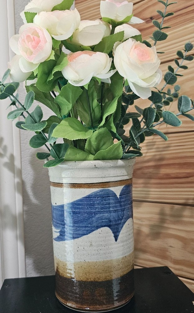 Signed Studio Pottery Vase Cream Blue Brown 7"