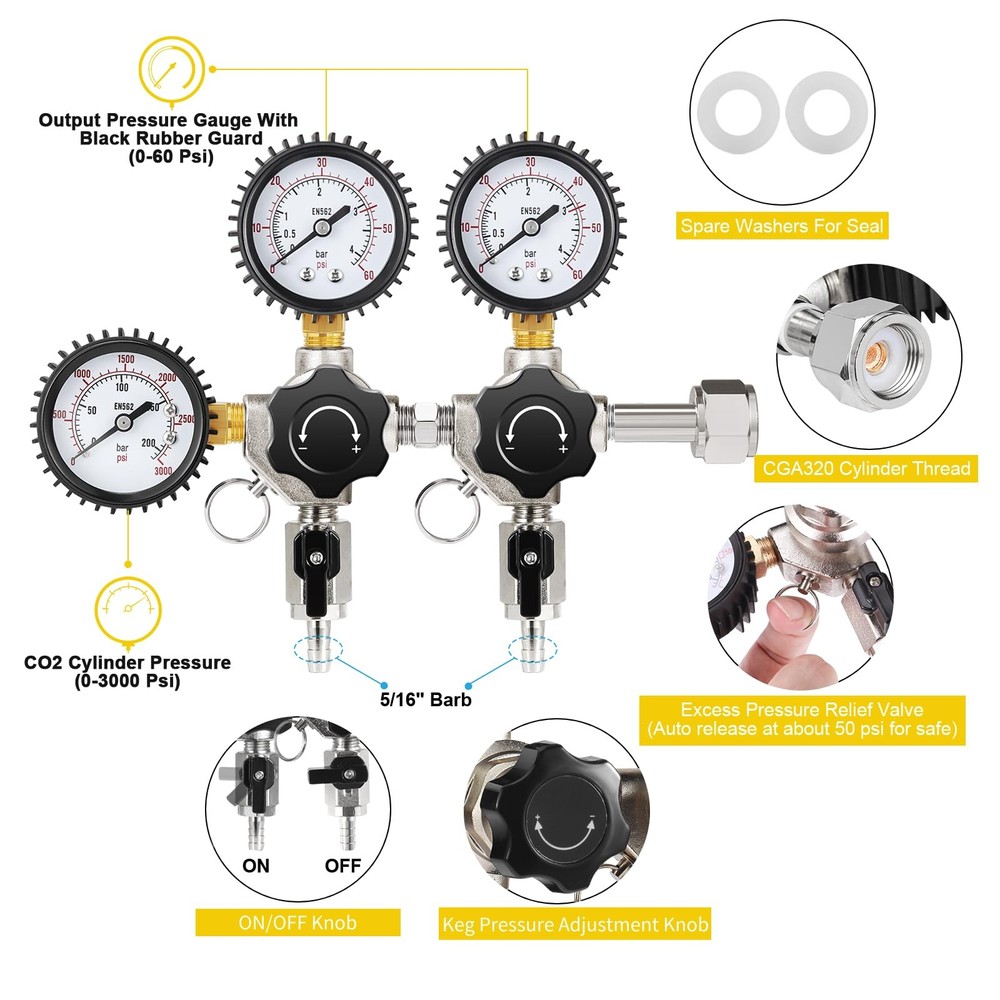 CO2 Regulator for Dual Tap Kegerator Draft Beer Tower Dispenser, Dual Keg Reg...