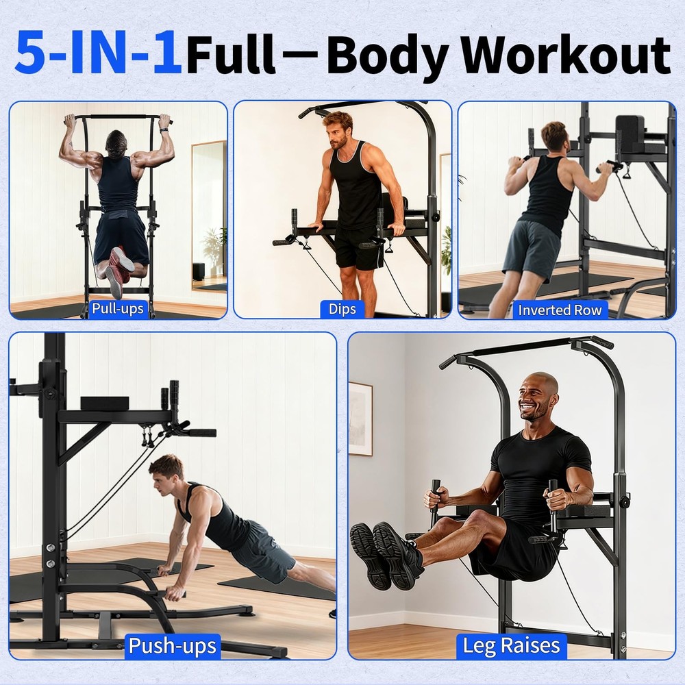 Pull Up Bar Power Tower Dip Station, Adjustable Strength Training Equipment f...